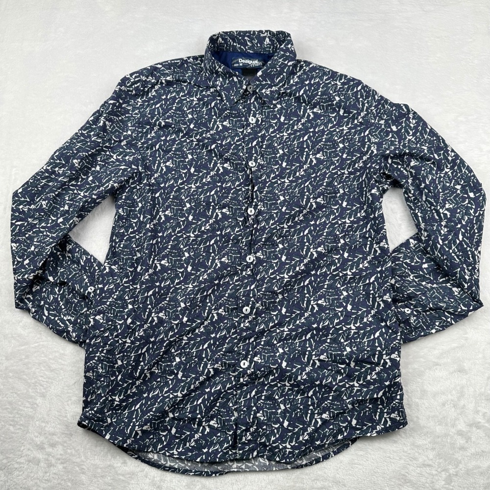 Desigual Man Slim Fit Navy Blue White Abstract Print Cotton Button Down Shirt M
